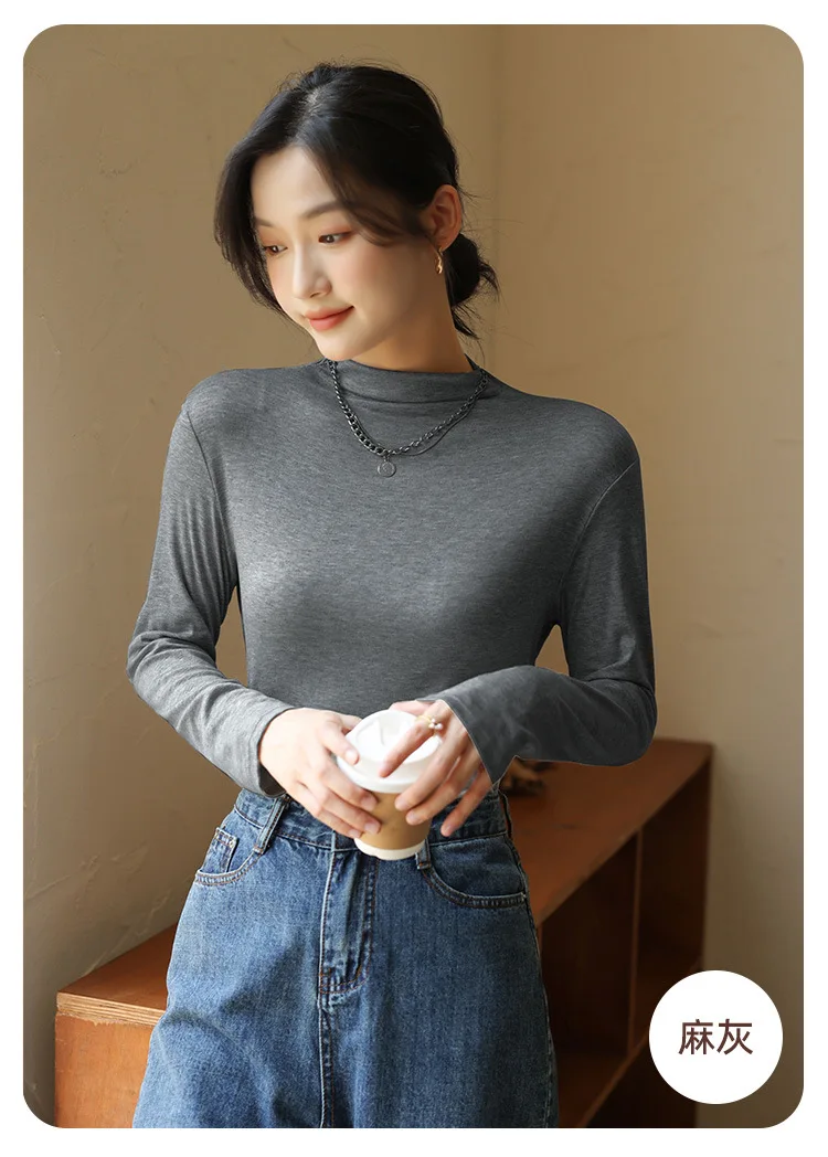 Women's Cotton Elastic Basic T-shirt, Long Sleeve Tops, Sexy Thin T-shirt, Modal Fiber, Female Casual Tops