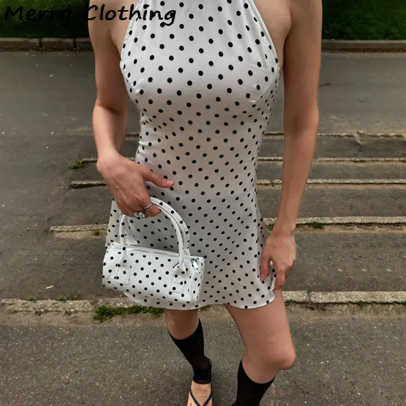 

Polka Dot Halter Mini Dress Elegant Backless Sleeveless Cinched Waist Short Dresses Lace Up Skirts 2026 NEW Summer Lady Dresses