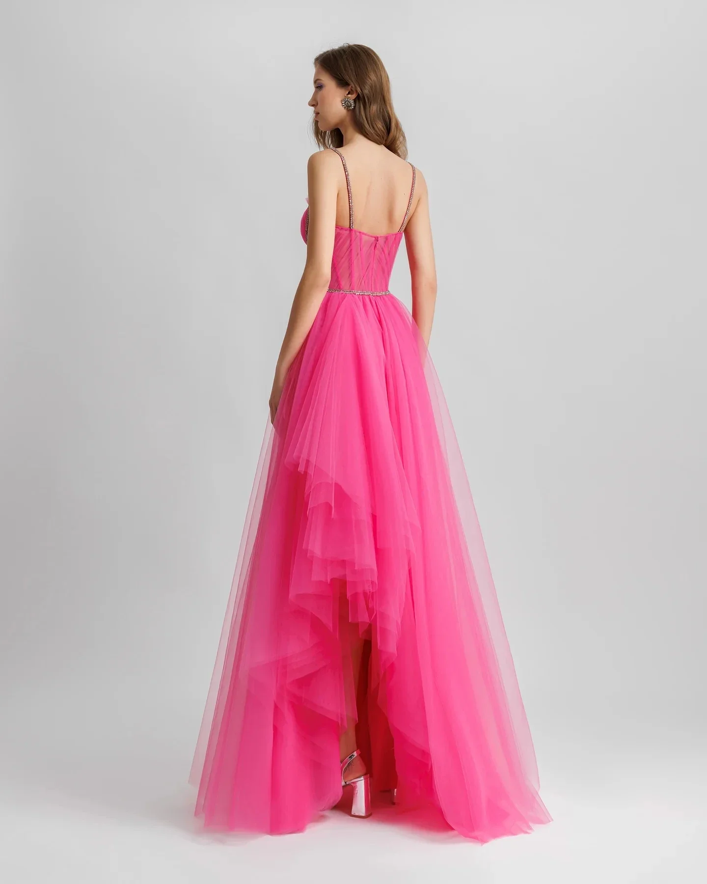 Clássico fúcsia em camadas tule longo maxi vestidos com cristal delicado muito quente rosa tutu tule assimétrico vestido de festa feminino