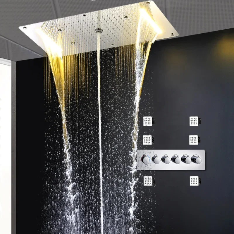 Bath Thermostatic High Flow Faucets Set 700x380mm Shower Column Waterfall Big Rain Mist Shower System