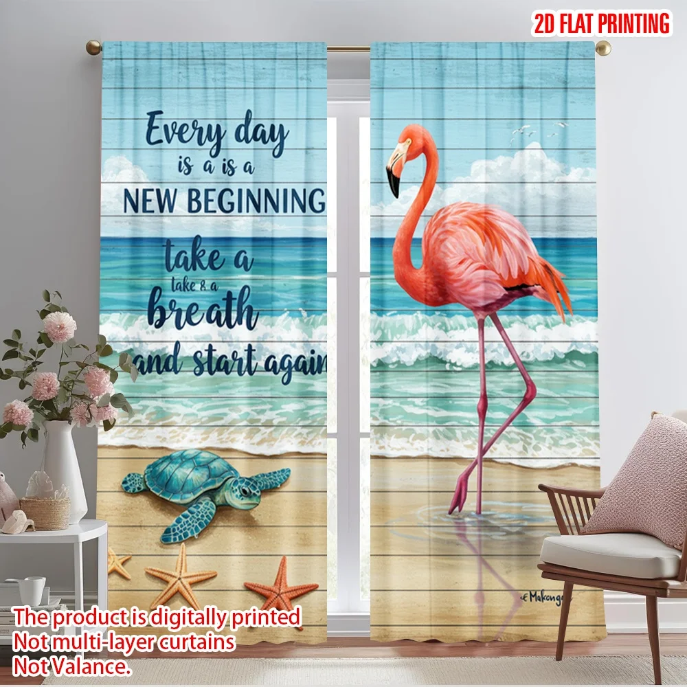 

2pcs 2D flat printing Drapes Flamingo Turtle Beach Beginning Polyester Without Electricity Festive Curtains Perfect for Holiday