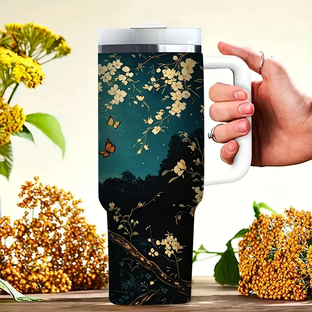 40oz Tumbler with Handle, Printed with Three Cats Watching Full Moon Night Floral Scenery, Perfect for Cat Lovers, Fits Daily Use And Outdoor Activities, for Both Hot And Cold Drinks
