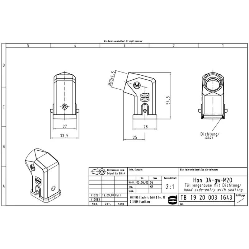 19200031643 HARTING Han 3A SO M20 with adhesive seal Side outlet