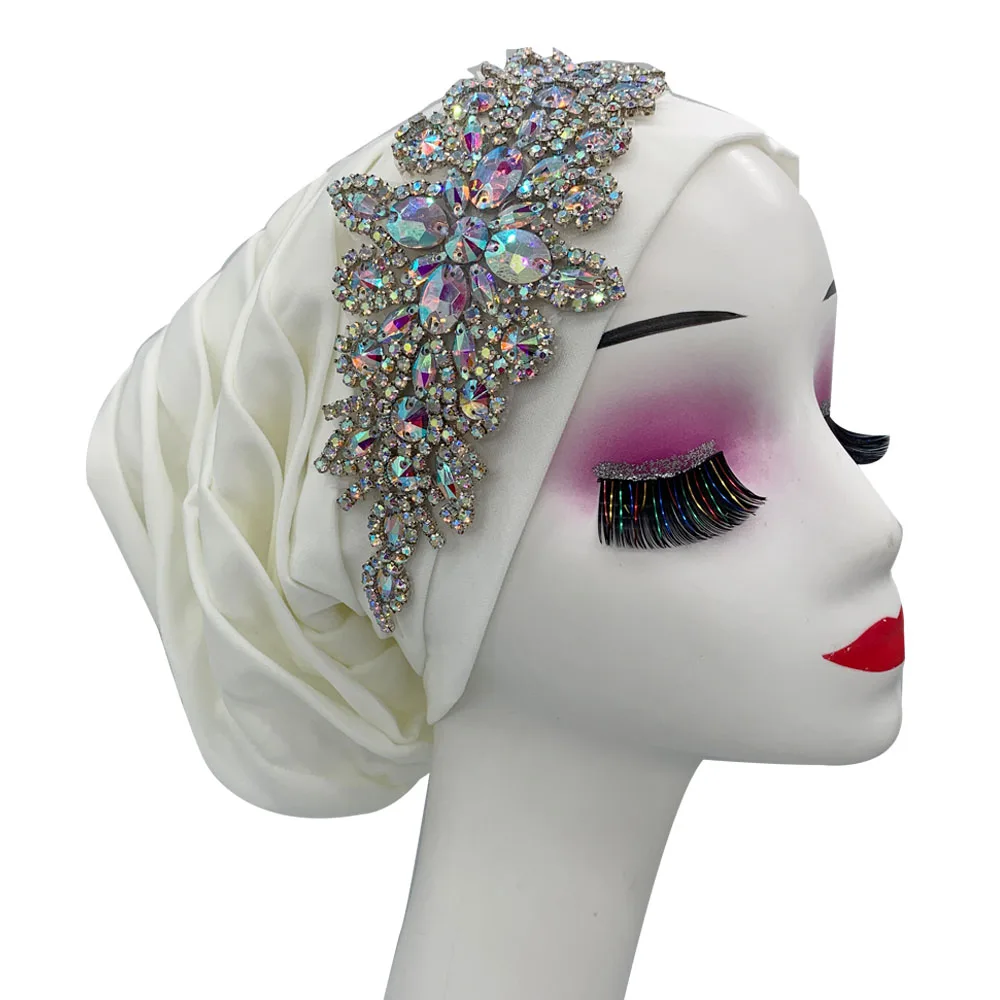 Luxury Rhinestones Women\'s Turban Cap Pleated African Head Wraps Muslim Hijab Lady Headscarf Bonnet Turbante Mujer