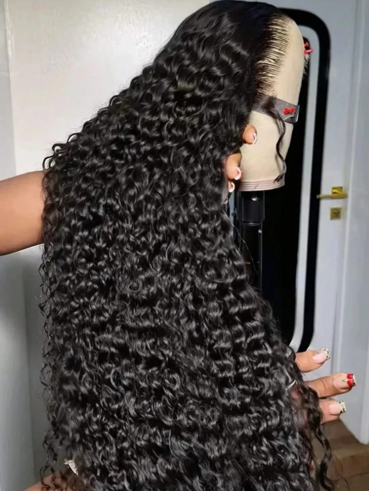 

Curly Water Wave Lace Front Wigs Human Hair 13x4 HD Transparent Lace Frontal Wigs 38 Inch 200% Density Natural Black Remy Hair