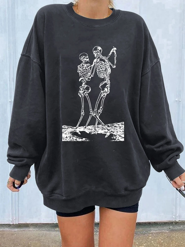 Seeyoushy Funny Skull Print Women Sweatshirts Drop Shoulder Pullovers Winter Vintage Sweatshirt Harajuku 90s Loose Top Sudaderas