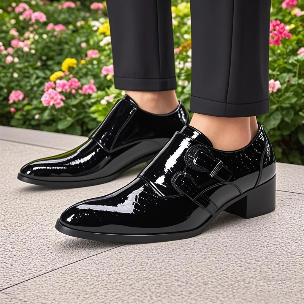 Men's High Heel Cowhide Dress Shoes, Metal Buckle Round Toe Thick Heel Height Increasing Shoes, Autumn Catwalk Singer Stage Perf