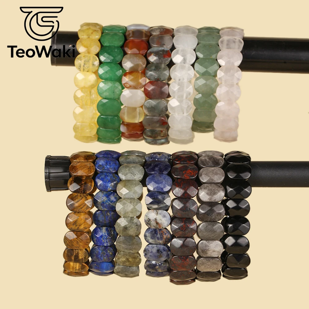 TeoWaki Natural Stone Bracelet Women Men 11x15mm Faceted Oval Flat Beads Stretch Bracelet Jewelry Gift for Birthday Christmas