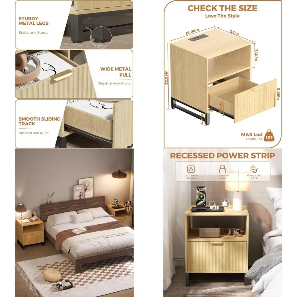 

Mid-Century Modern Nightstand with Charging Station, Large Drawer, and Open Storage for Bedroom, Office