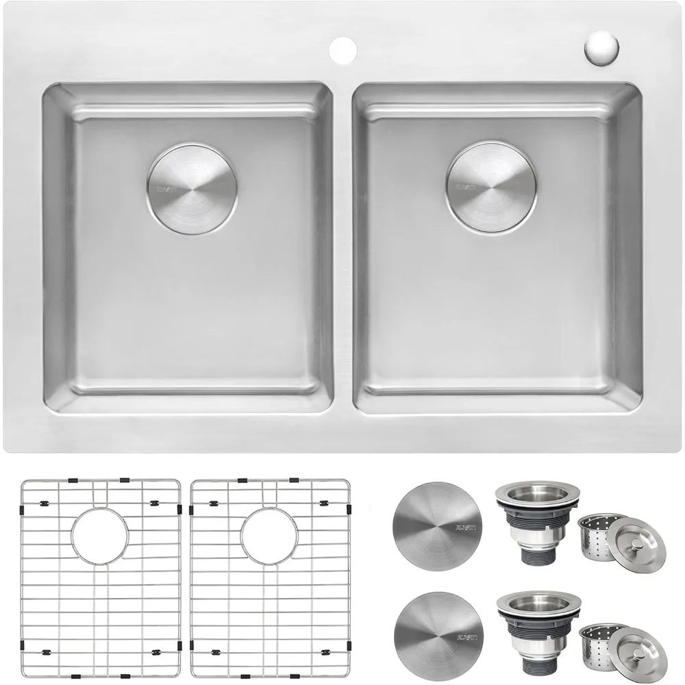 

33x22 Topmount Double Bowl Kitchen Sink 16 Gauge Brushed Finish