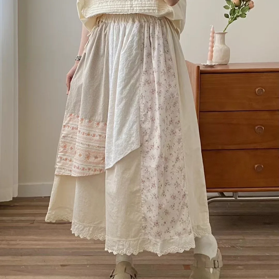 Japanese Sweet Mori Girl Floral Printed Embroidery Patchwork Skirts Women Summer Elastic Waist Asymmetric Casual Cotton Skirts