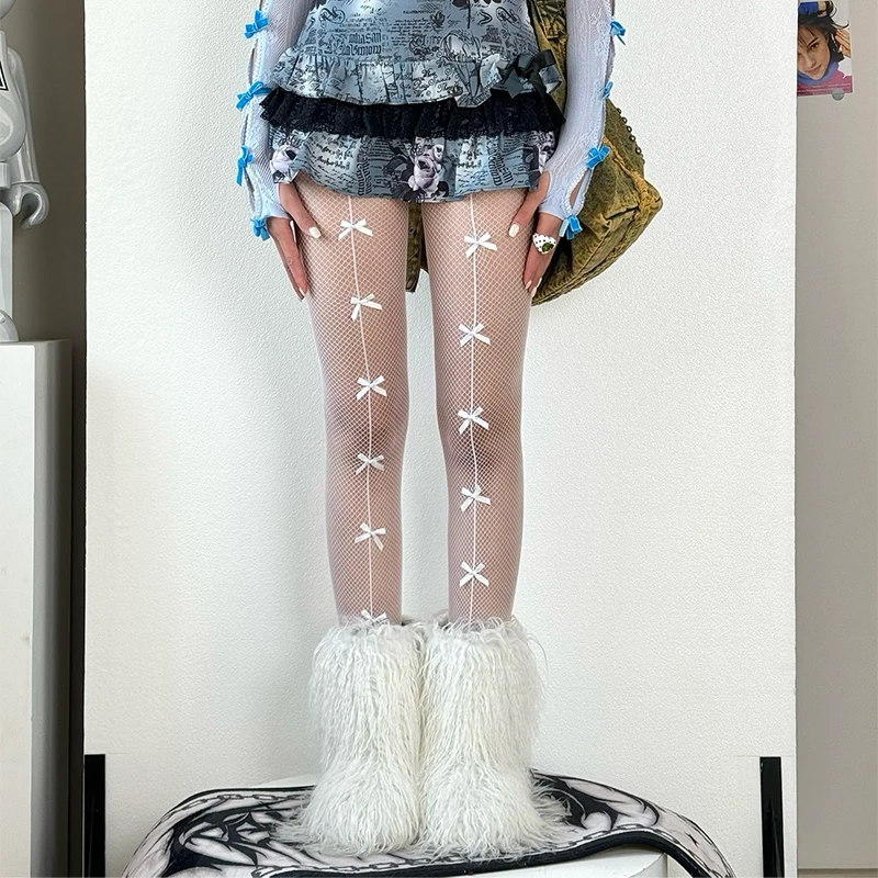 Y2K Mädchen Bowknot Strumpfhosen Ausgehöhlte Netzstrümpfe Frauen Mesh Sommer Dünne Samt Schleife Lolita Japanische Y2k Mädchen Strumpfhosen