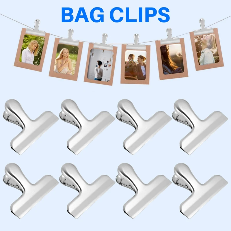 Clips plateados grandes para bolsas de comida, Clips de cocina para paquetes de alimentos para aperitivos, 8 unidades, 3 pulgadas de ancho