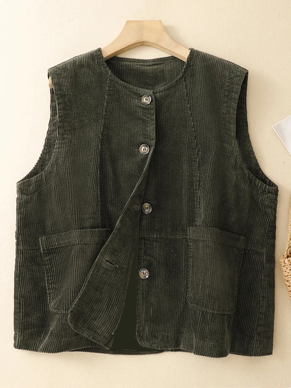 Retro Corduroy round Neck Vest Women's Casual All-Match Outerwear Flannel Shoulder Pad Button up Top Spring Autumn Fashion