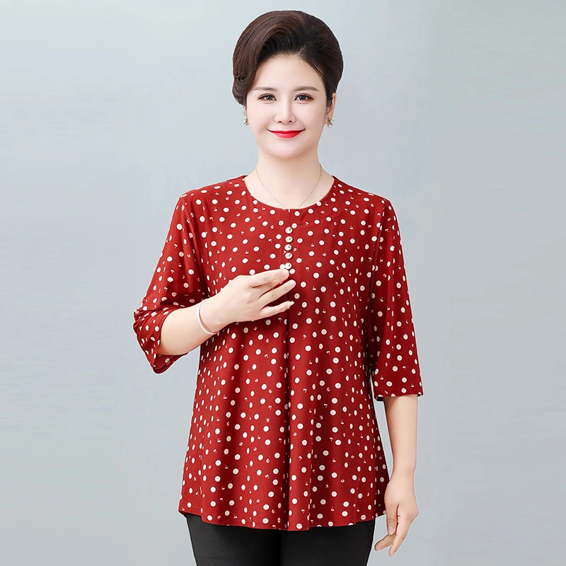 Polka Dot Round Neck Seven Quarter Sleeved Shirt Classic Plus Size Contrasting Elegant Commuting Style Tops 2025 Summer Shirt