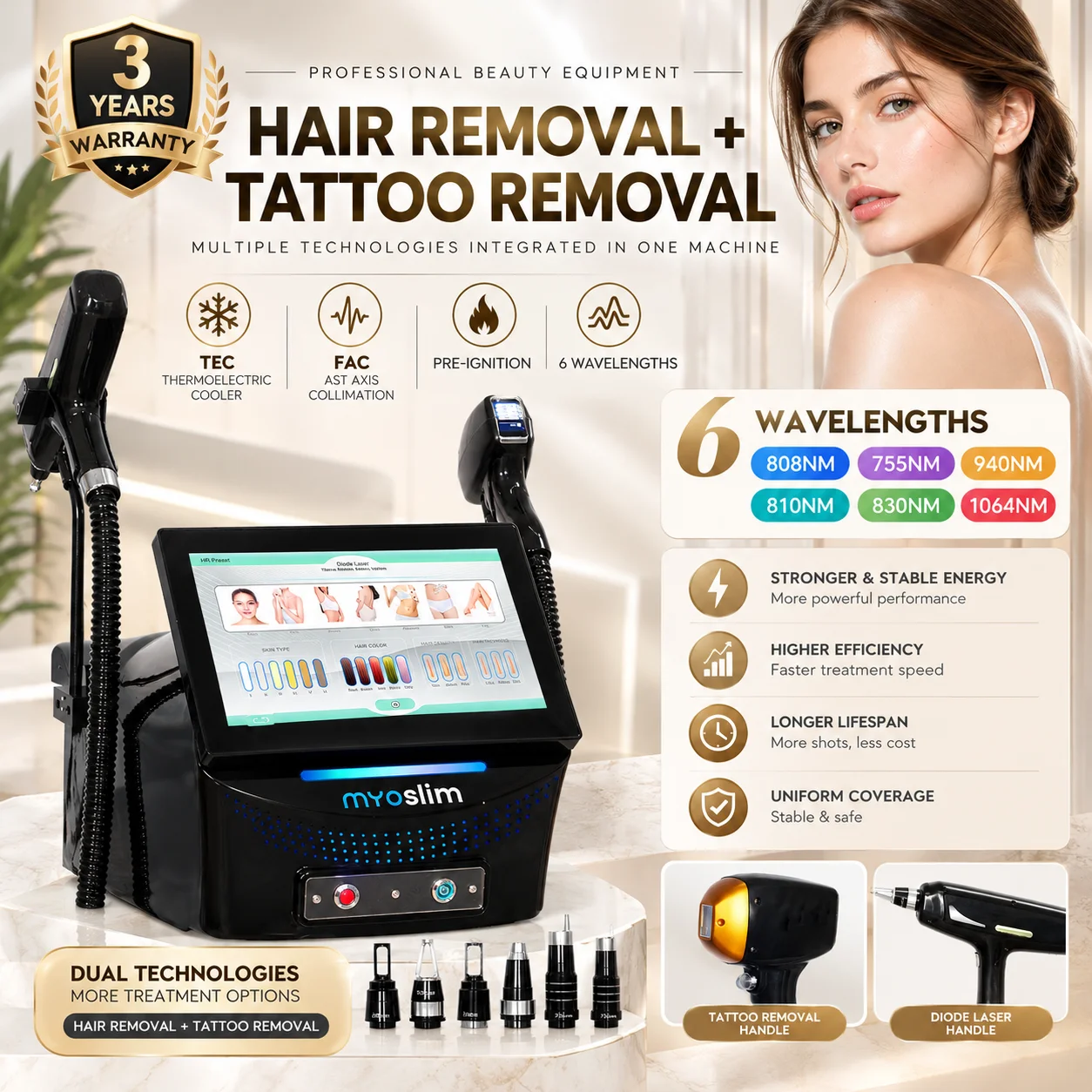 7000W 2in1 Diode Laser Hair Removal Picosecond Tattoo Removal Machine 6 Wavelength FAC Pre-Ignition TEC Cooling Salon Equipment
