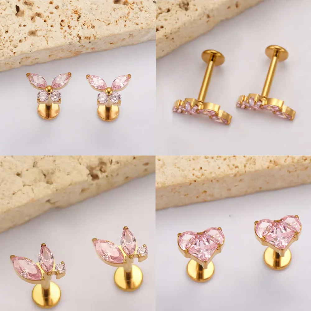 PUTITUP G23 Titan-Piercing-Stud mit Rosa Zirkon, Schmetterling, Blume, Herz, Innengewinde-Lippenring, Ohrknorpel-Schmuck – Detail 6