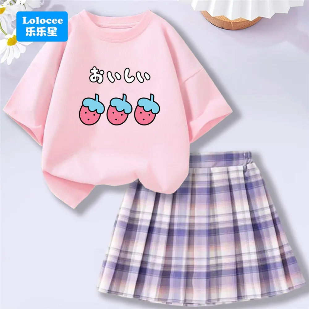 Kids' Short SleeveT - Shirt and Plaid Pleated Skirt Set Girls Cute Strawberry Print Fashion Outfit Clothes CMSK1