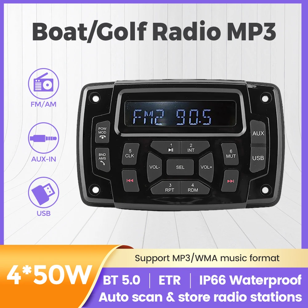 

Marine Stereo Boat Radio FM AM Digital Media Audio IP66 Waterproof MP3 Player for Yacht Gauge ATV UTV Cart 4*50W Wireless BT5.0