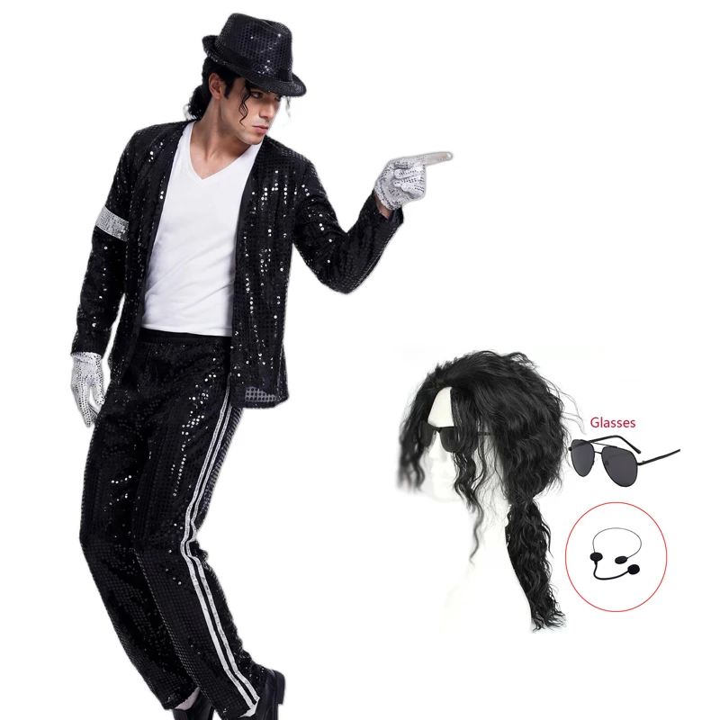 Herren Schwarzer Michael Jackson Pailletten-Performanceanzug Cosplay-Kostüm für Disco-Party Bühnenoutfit