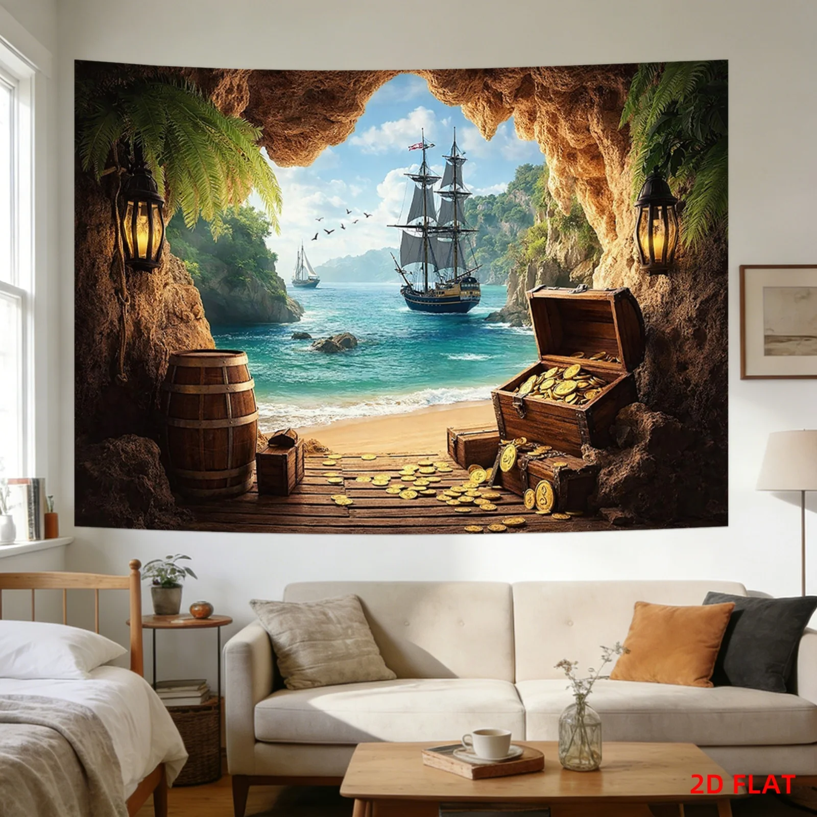 Pirate Cave Tapestry with Treasure Chest Ship Beach and Golden Coins 180x280cm Wall Decor aesthetic room decor