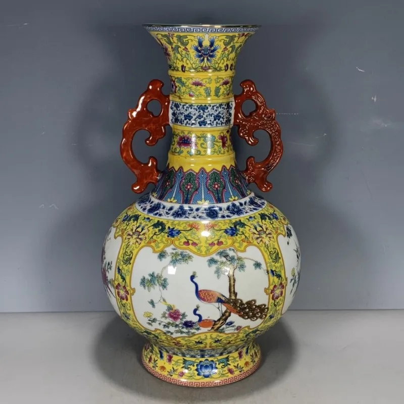 Vase de décoration binaural jaune pour fenêtre, fleur et oiseau, document en émail, flux fait pendant le règne de l'empereur Qing, Yongzheng