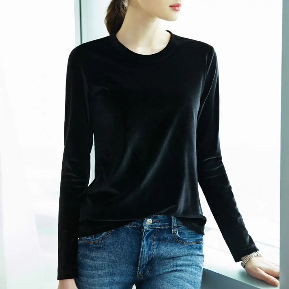 Elegant Velvet Women Blouse Temperament Bright Surface T-shirt Pullover Spring Autumn Bottoming Shirt Women Pullover Lady Top