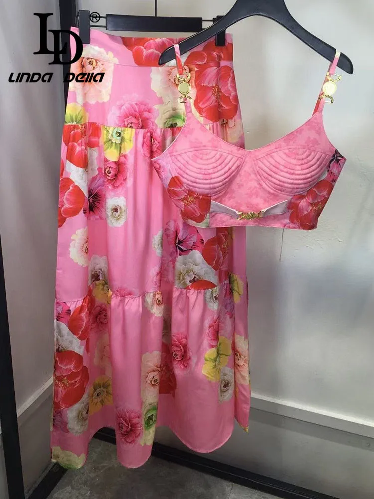 Imagem -06 - Linda Della-conjunto Peças para Mulheres Saias Midi Top Curto com Alça de Espaguete e Estampa de Flores Moda Verão 2023 ld