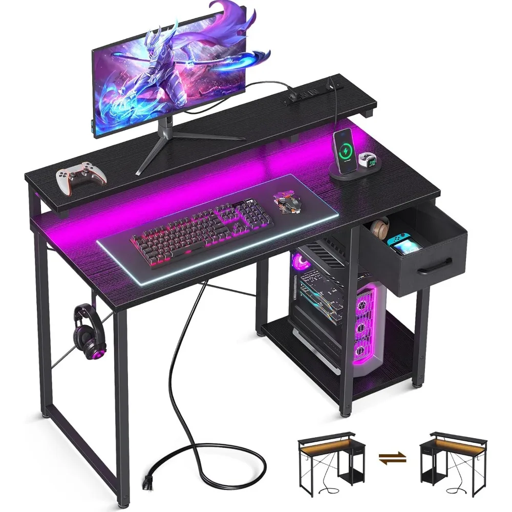 

Gaming Desk with LED Lights & Power Outlet, 40 Inch Computer Desk with Drawer, Reversible Desk with Adjustable Monitor Shelf