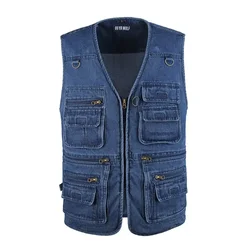 New Oversized Denim Men Vest Cotton Sleeveless Jackets Blue Casual Fishing Vest with Many Pockets Size 10XL Male Vest