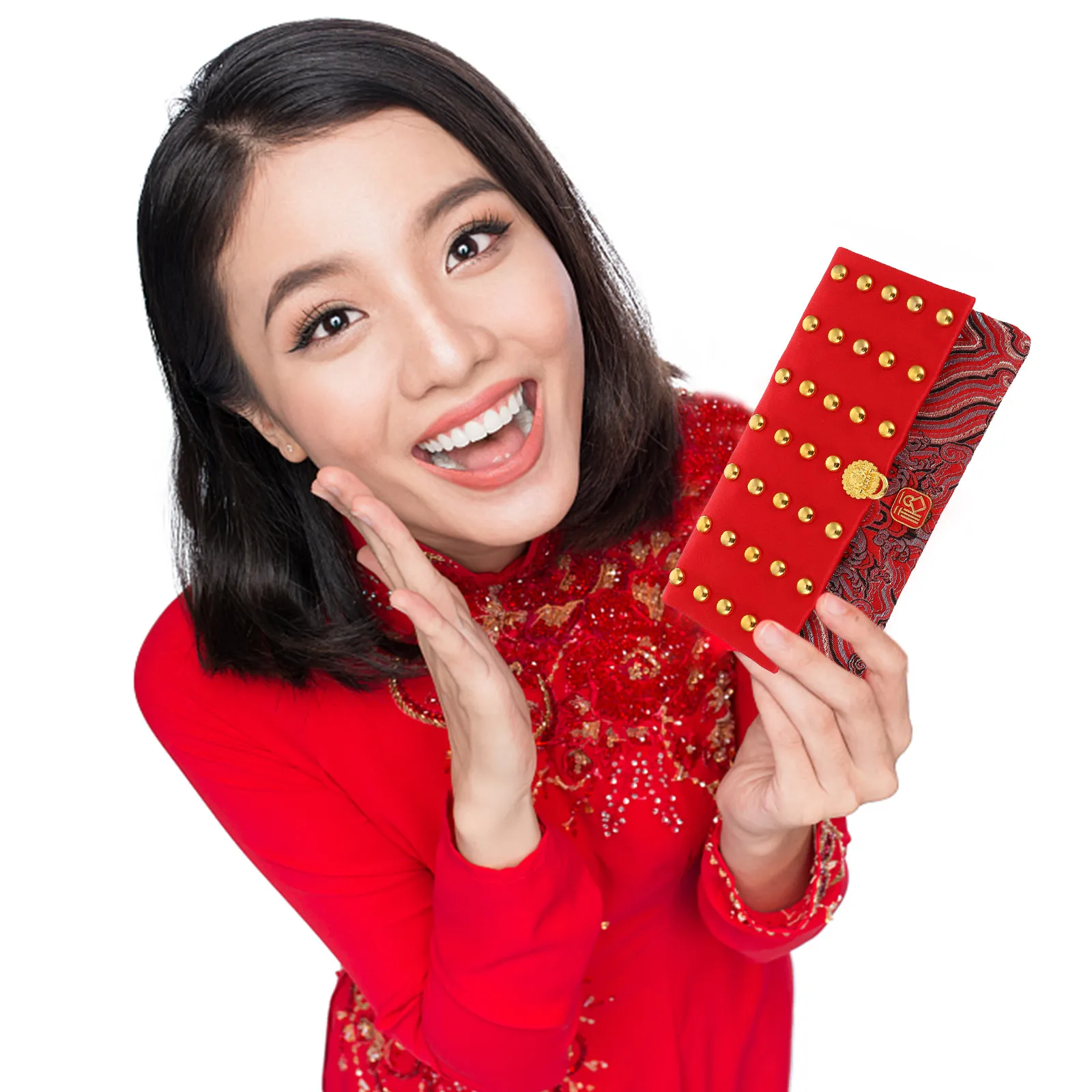 

1 шт. Красный тканевый конверт для денег на Китайский Новый год с застежкой-кнопкой, праздничный декоративный красный кармашек для Лунного Нового года