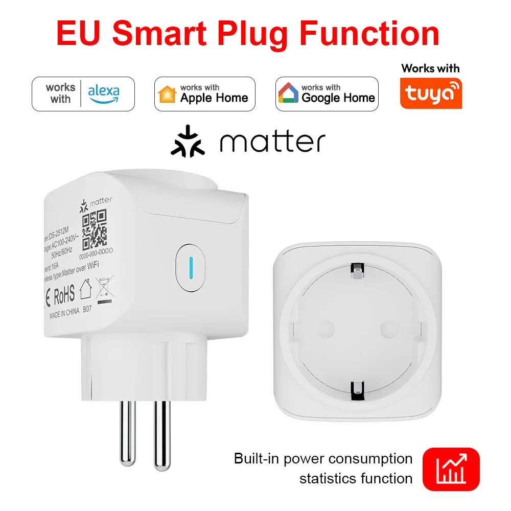 ANDELI Matter Smart Wi-Fi EU Plug 16A with Energy Monitor Function Work with Apple Homekit Google Home Smartthings Alexa