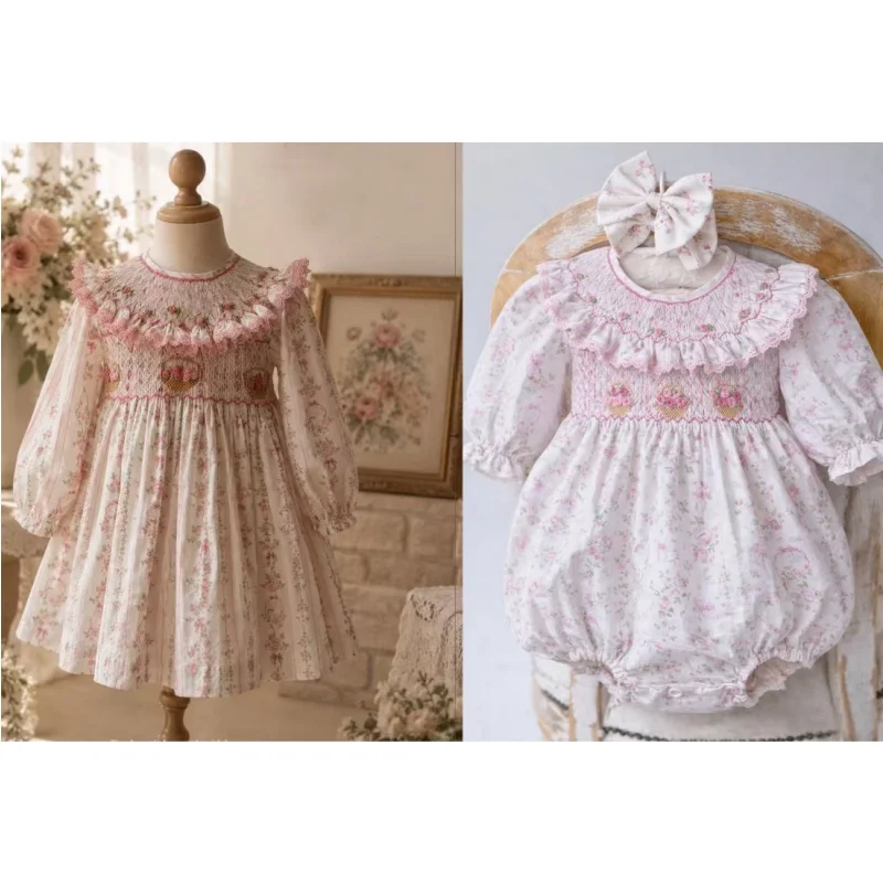 Baby Girl Long Sleeve Floral Hand Smocked Dress Romper Flower Basket Embroidery for Birthday Party Baptism Wedding A489
