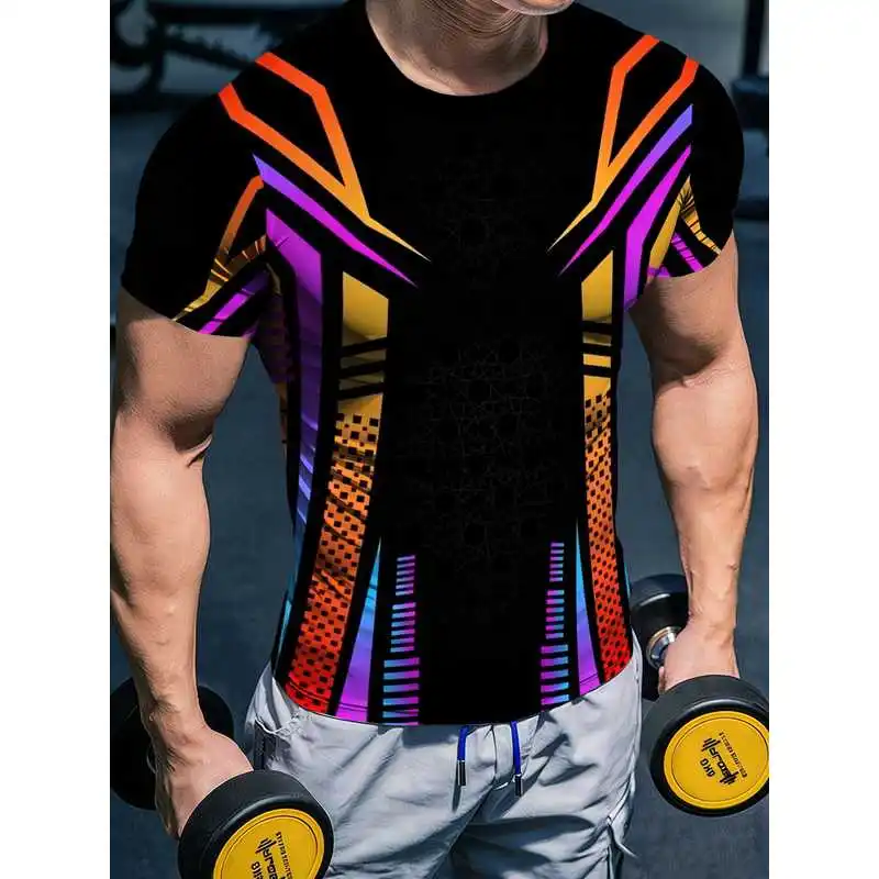 American Tech Street Style Gradient Techwear Brand Men's Tight Quick Dry Fitness Short Sleeve Tee Mecha Frame Print Emphasizing