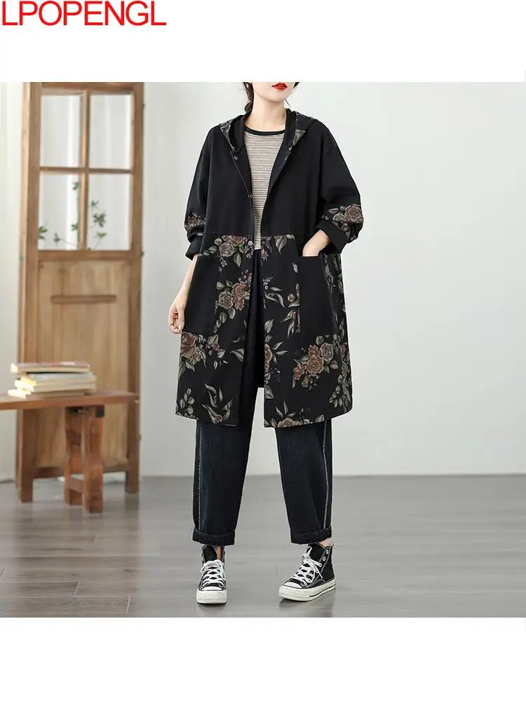 Ethnischer Stil, Retro-Blumen-Patchwork, große Tasche, Denim-Trenchcoat für Damen, lockere und schlankmachende Strickjacke mit Kapuze
