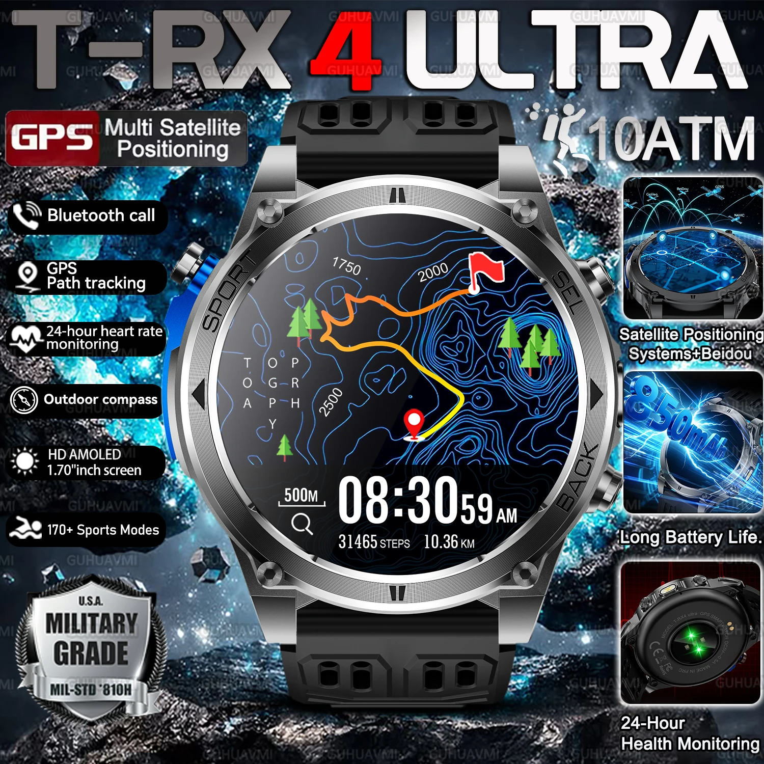 Men T-RX 4 Ultra Military Sports Smart watch GPS Route Tracking 170 Sports Modes Compass Call Heart Rate Tactical Smart watch