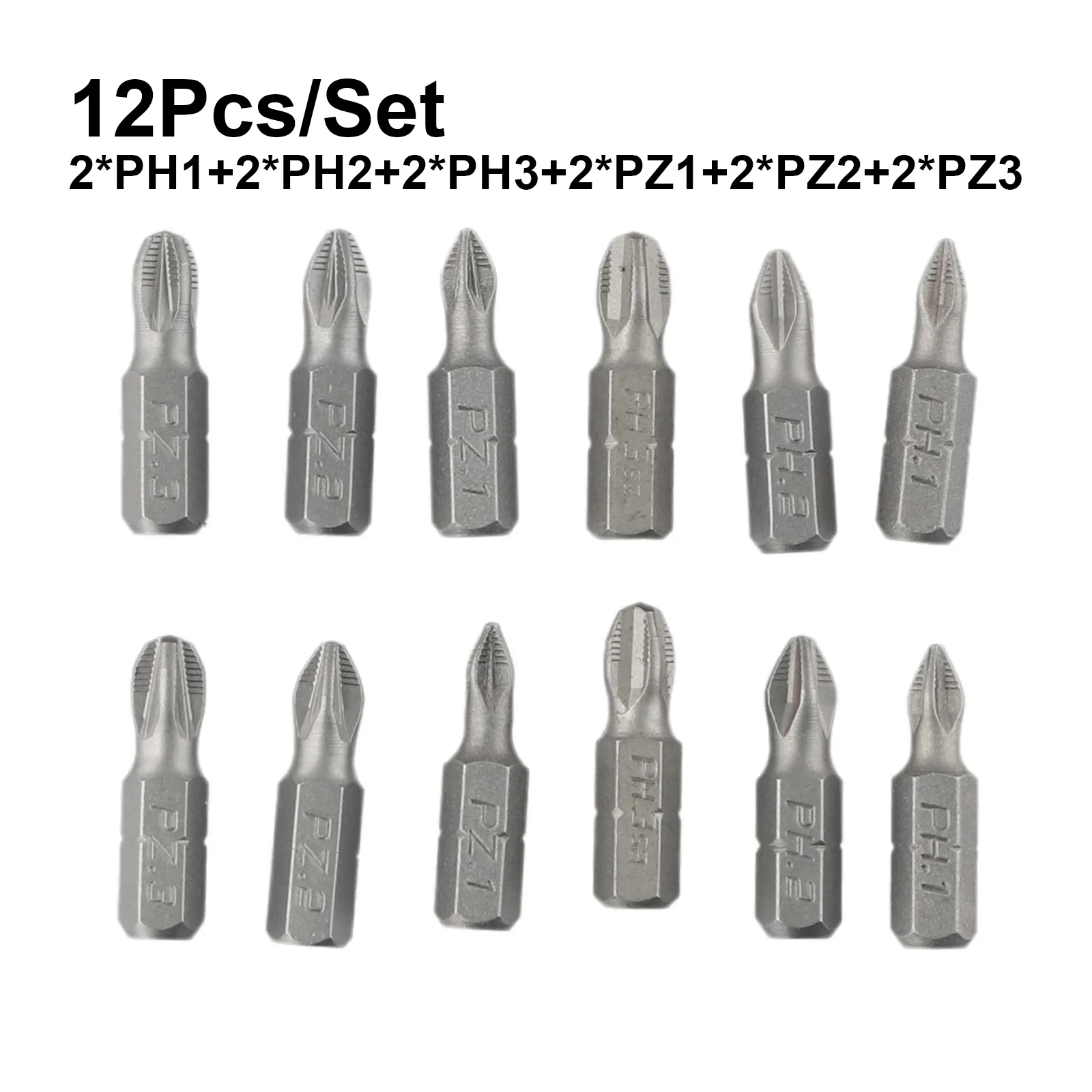 12 ชิ้น 25 มิลลิเมตร Cross Bits Kit Hex Shanked Anti - Slip สกรูไดร์เวอร์แม่เหล็กเจาะชุดหัว PH1/PH2 /PH3/PZ1/PZ2/PZ3