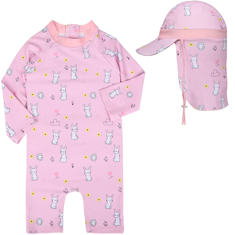 Pakaian Renang Bayi Perempuan Balita Baju Renang Motif Kelinci Baju Renang Pelindung Ruam Lengan Panjang Bayi dan Topi Matahari Pakaian Pantai Anak
