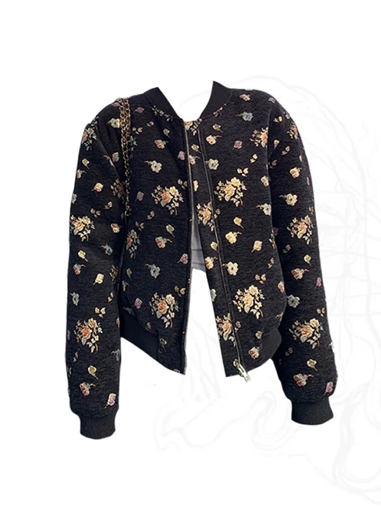 

Fashion Black Outerwear Turn-Down Collar Bohemian Floral Coats Vintage Long Sleeve Chic Jacket Cozy High Street 2023 New Design