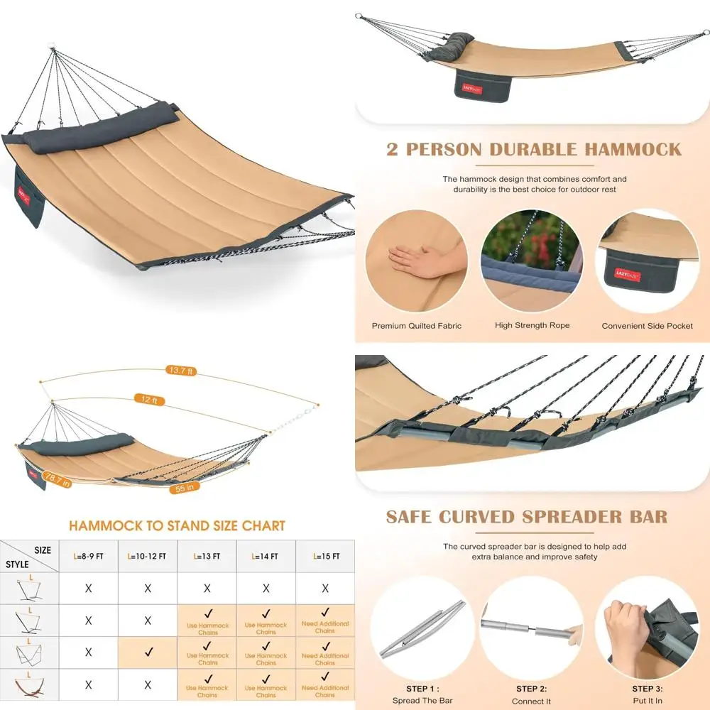 

Double Layer Quilted Fabric Hammock with Curved Aluminum Bar, Outdoor Thickened Hammock for Comfortable Relaxation