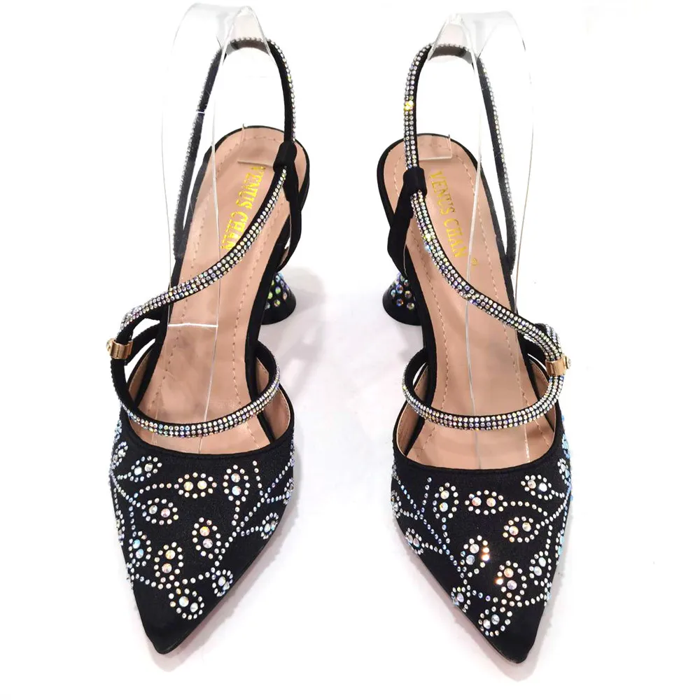 Newest INS Style Black Color Elegant High Heels Nigeria Popular Design 2025 African Ladies Shoes And Bag Set for Wedding Party