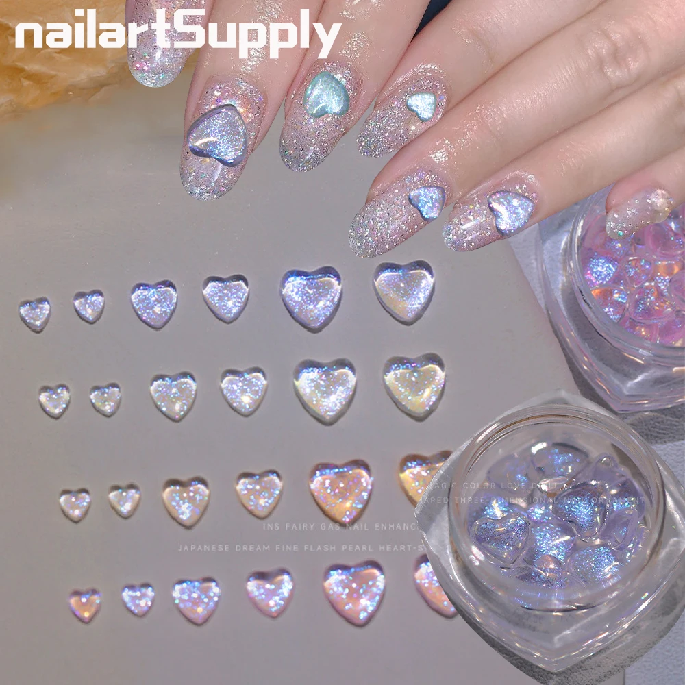 30Pcs Heart Shaped Shiny Aurora Nail Art Rhinestone Resin Galaxy Color Symphony Nail Gems Parts Clear Crystal Manicure Acessorie