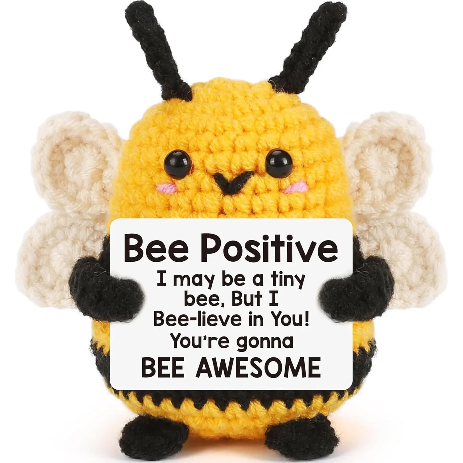 Divertida muñeca de abeja tejida hecha a mano con tarjeta positiva decoración de la habitación del hogar hilo de lana de ganchillo adorno de escritorio de abeja regalos de navidad