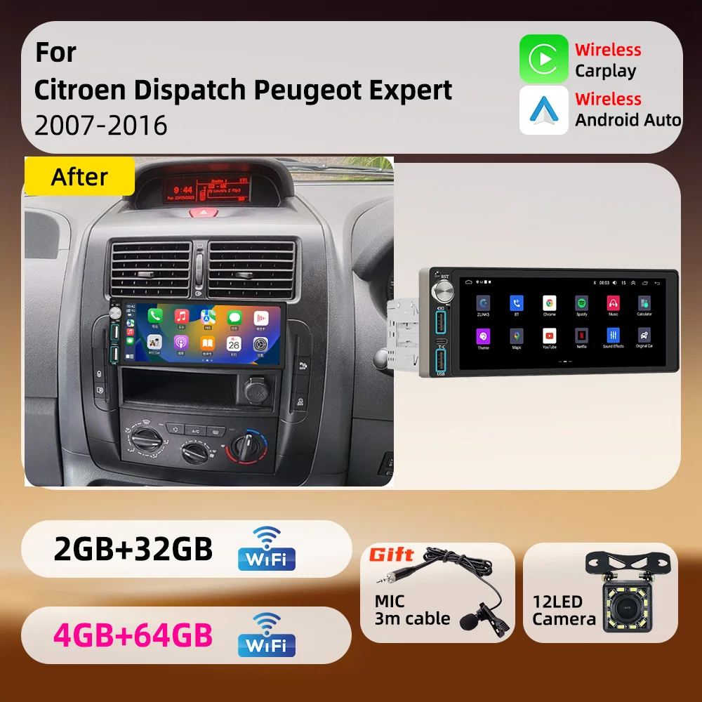 For Citroen Dispatch Peugeot Expert 2007-2016 Android 1Din Car Stereo 6.86 inch Screen Car Multimedia Autoradio Radio Head Unit
