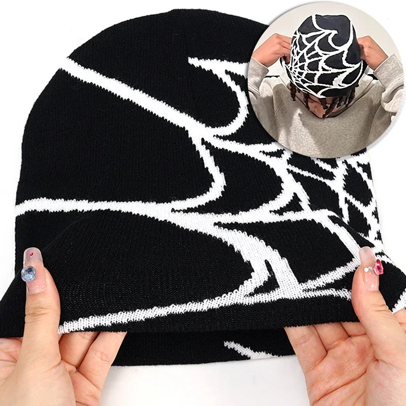 2024 New Goth Spider Web Jacquard Beanie Caps Y2K Knitted Warm Hip Hop Unisex Elastic Knit Hat Skull Cap for Women Men