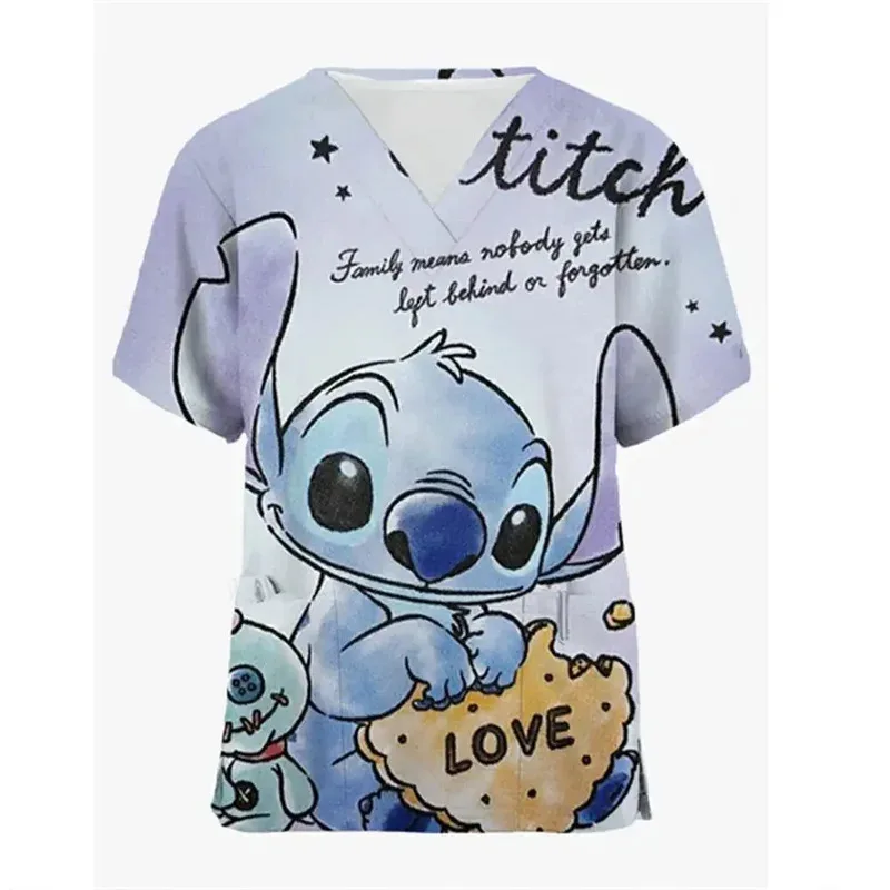 Disney Hospital Pocket Lilo & Stitch Woman T-shirts Summer T-shirt New Nurse Uniform V Neck Y2k Clothing Uniform Pocket Neck Y2k