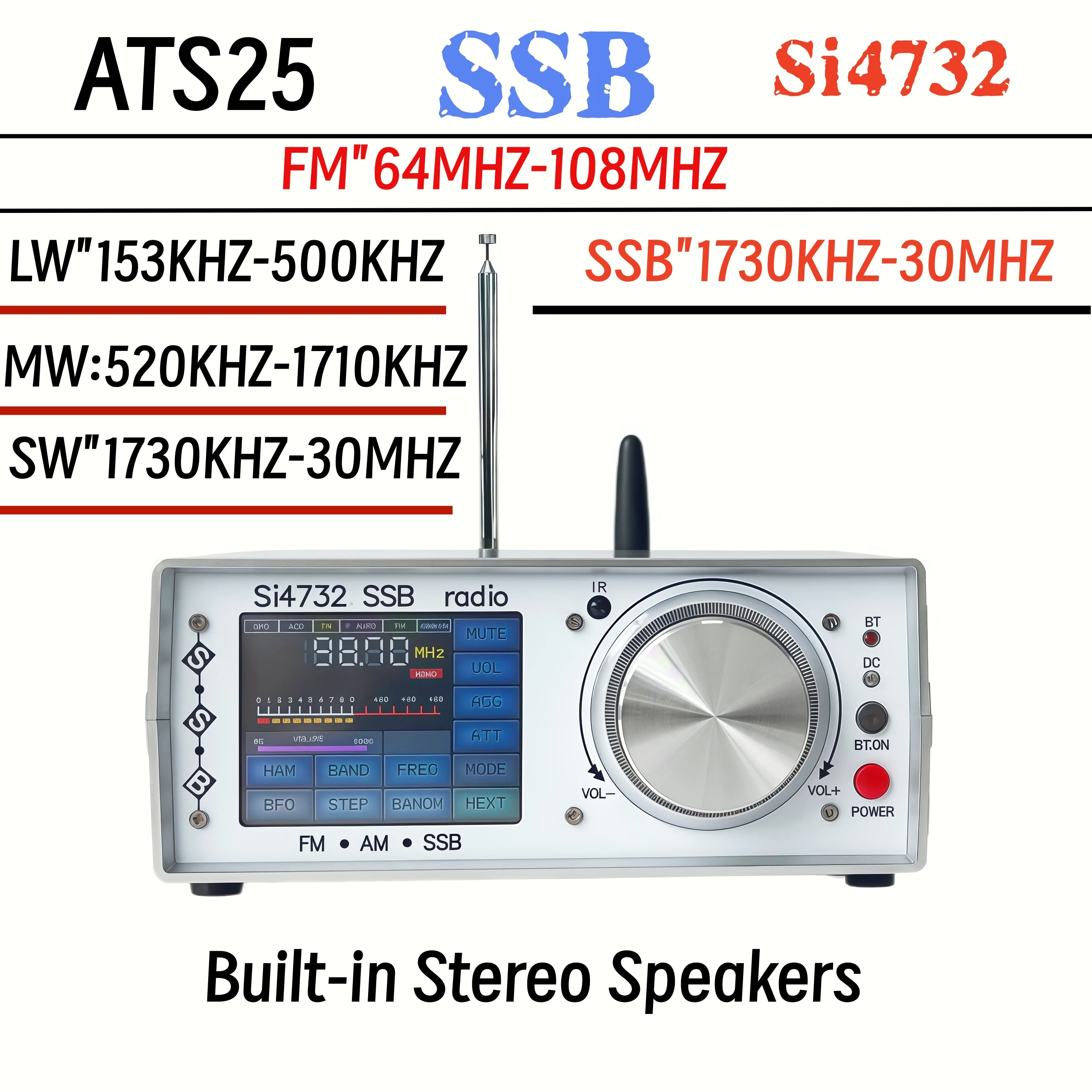 SI4732 Full-Band Stereo Radio, ATS25 Desktop FM/AM Radio & SSB Radio Wave Receiver, Supporting Bluetooth Transmission