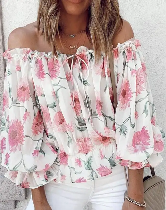 Women's Tops 2023 Summer Off Shoulder Chiffon Floral Print Balloon Sleeve Top Tie Detail Long Sleeve Blouses Elegant Crop Top