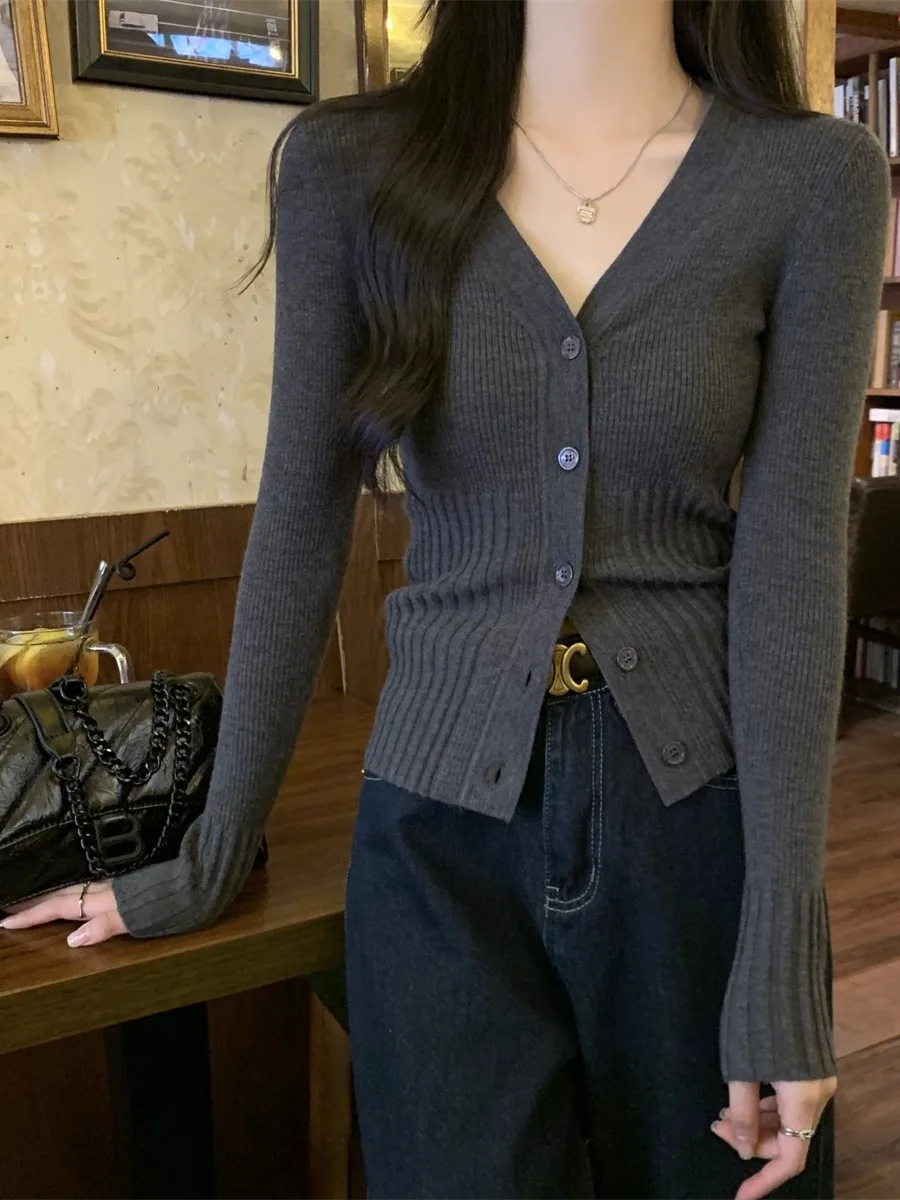 

Облегающий вязаный открытый кардиган с V-образным вырезом, женский базовый слой, длинный свек, модный весенне-осенний дизайн, уникальный топ на одной пуговице