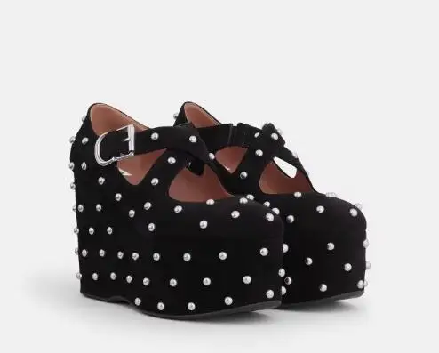 

New Ladies Black Suede Full Rivet Cross Strap Wedges Pumps Women Round Toe Platform Height Increasing Mary Jane High Heel Shoes
